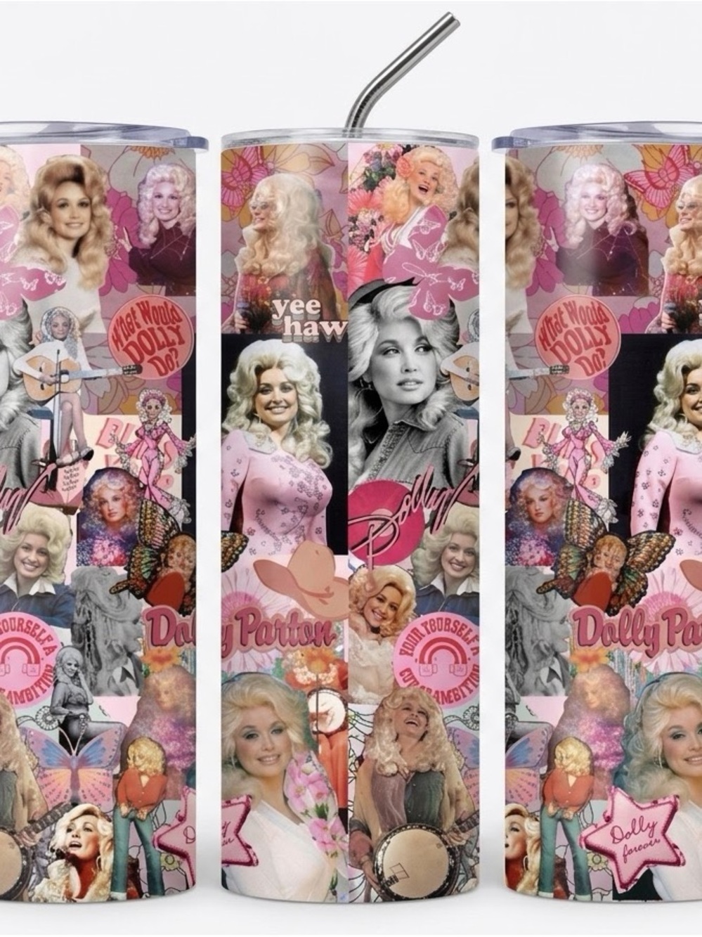 Dolly Parton Pink Collage Hair Wig-Themed Travel Tumbler, NEW